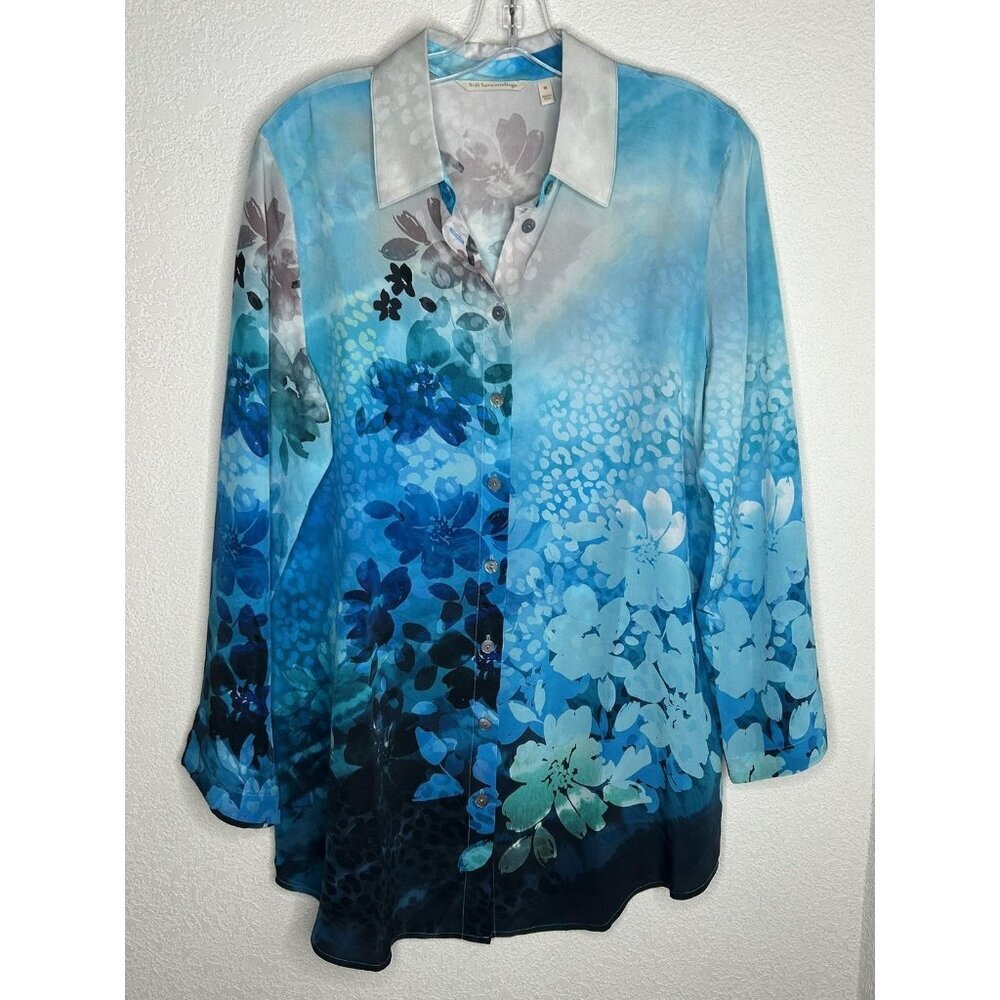 Soft Surroundings Shirt Womens Medium Blue Silk Floral Button Front Tunic Top